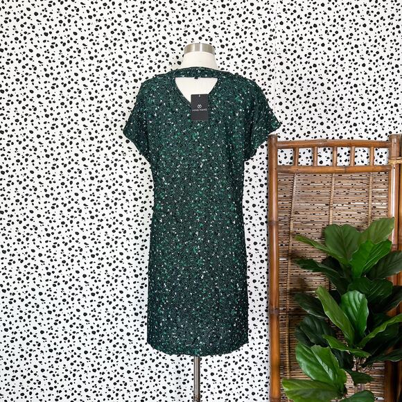 NEW Ming Wang | Tweed Boucle stretch Knit Green Black Cap Sleeve Sheath Dress S - Picture 6 of 11